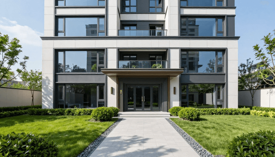 高端房地产素材：现代三层白灰拼接高端住宅建筑全景展示