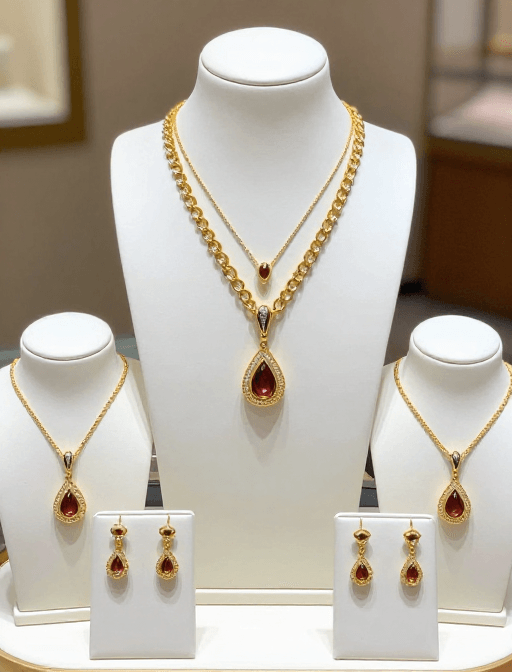 暖色调背景素材：奢华金饰珠宝展示：精致镶钻项链耳环