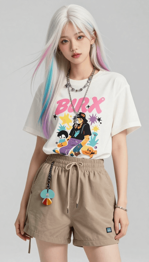 简约背景素材：白发彩虹少女嘻哈时尚照：青春潮流特写