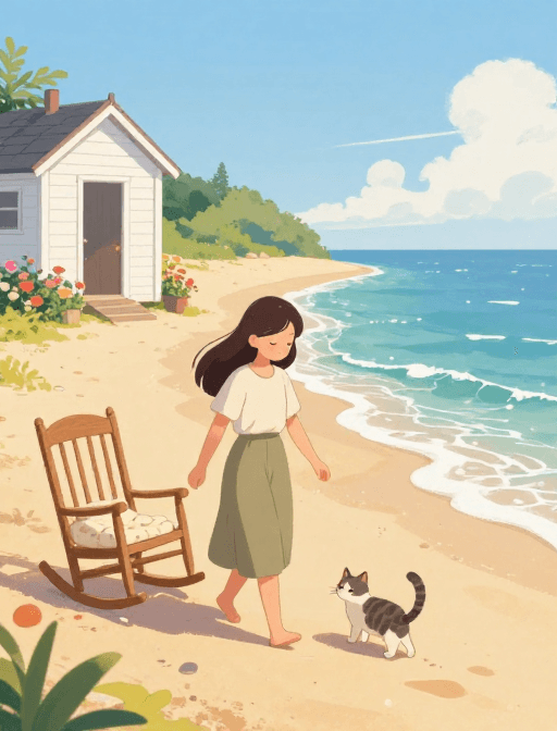 海边小镇素材：海风轻拂的治愈时刻：少女与猫的静谧午后时光