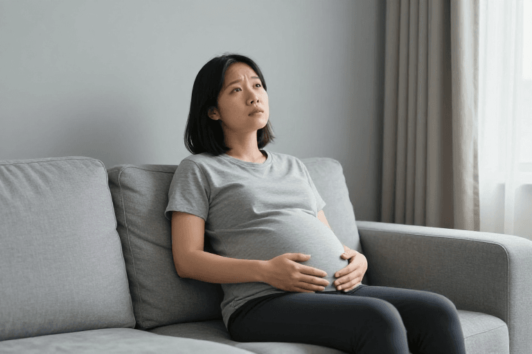 母婴健康素材：亚洲孕妇疲惫沉思：柔光摄影展现真实母爱瞬间