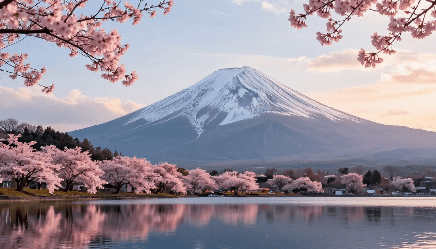 高清画质素材：晨曦中的富士山与樱花湖景高清摄影