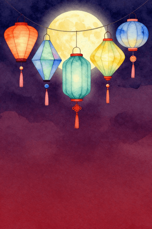 插画艺术素材：中秋月圆夜·雅致水彩灯笼背景图