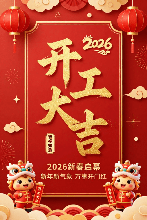 立体书法素材：红金中国风新年开工海报，立体书法与宫灯装饰