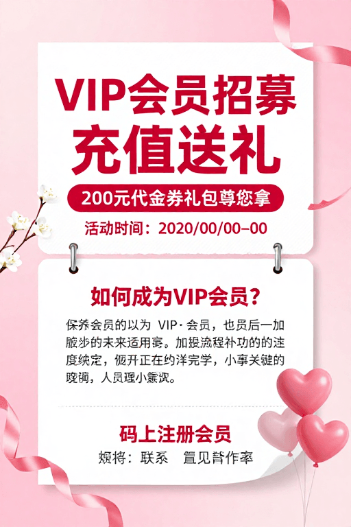 活动宣传素材：粉色浪漫风VIP会员招募海报设计