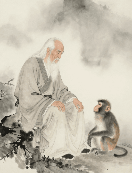 超现实主义素材：墨韵新生：超现实水墨中老人与猴子的静谧对话