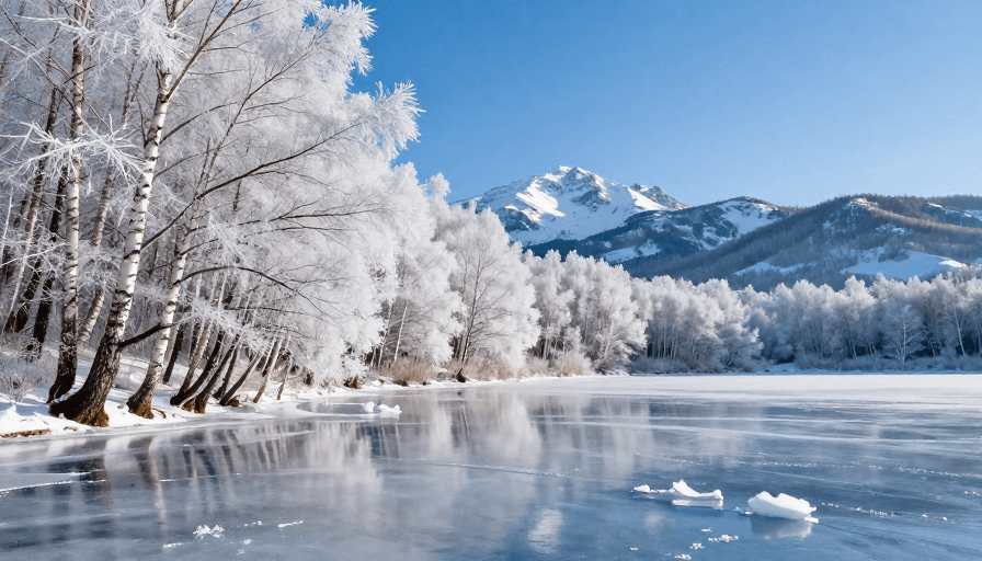 冬日风光素材：冰封湖畔：霜雪白桦与远山的静谧冬日画卷