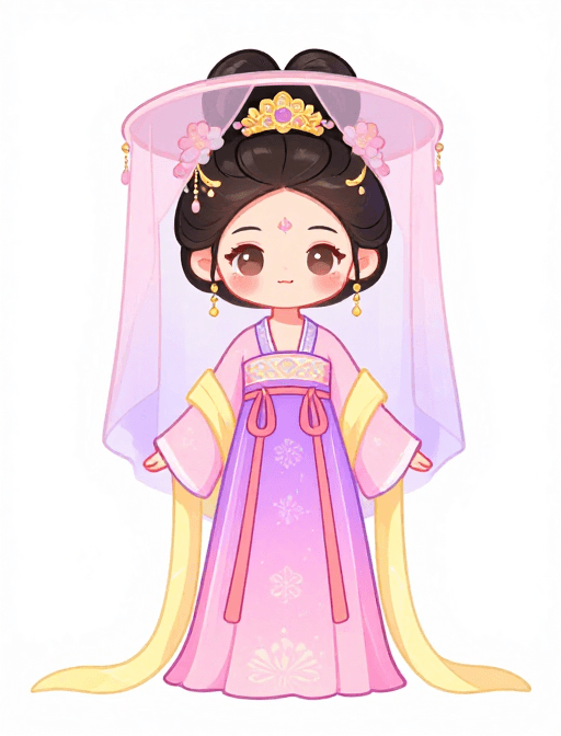 粉紫渐变素材：萌系古风西施：粉紫薄纱的Q版华服美少女