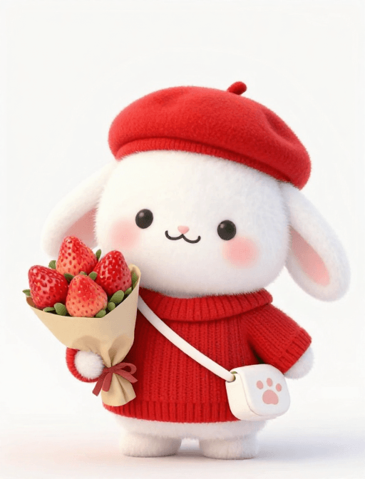 萌系角色素材：萌趣Q版小兔戴红帽捧草莓，梦幻极简风