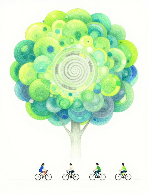 超现实插画素材：霓虹绿光梦境：超现实绘本中的微缩骑行奇境