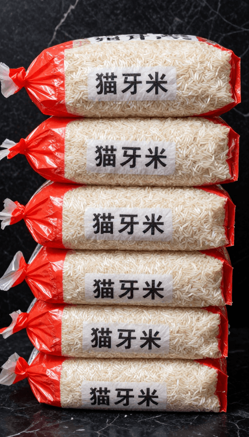 猫牙米素材：四袋红袋装雪白猫牙米堆叠展示，黑色大理石背景高清实拍
