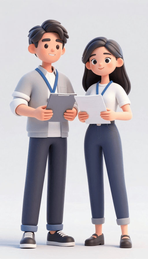 纯色背景素材：职场双人卡通形象：清新活泼的亚洲男女