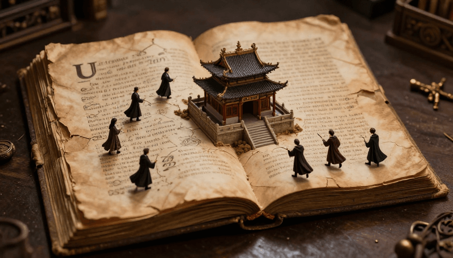 古风意境素材：古魔法书中的微缩中国建筑与魔法师群像
