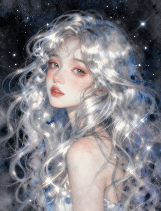 特写镜头素材：银光梦境：超现实童话女孩与星河特写