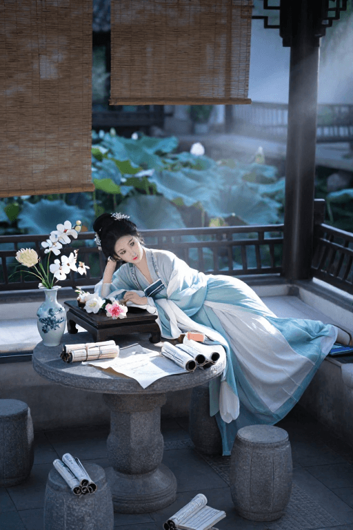 中式美学素材：朦胧光影下的蓝白汉服女子与庭院书香