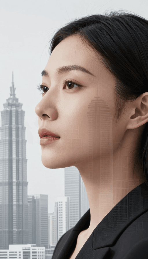 建筑双重曝光素材：都市女性沉静凝视，黑白建筑光影艺术照