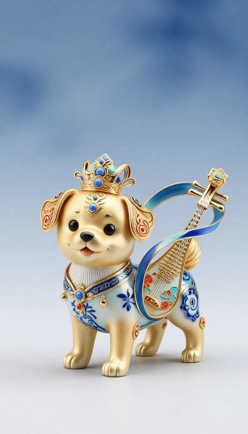 极简主义背景素材：青花瓷风Q版田园犬手办，磁悬浮飘带设计