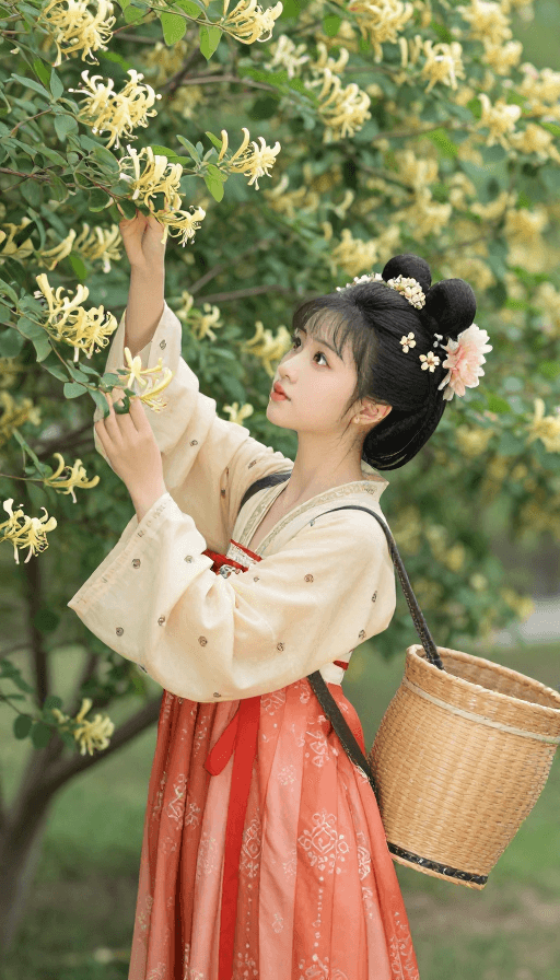 汉服摄影素材：大唐公主漫步金银花圃采撷芬芳