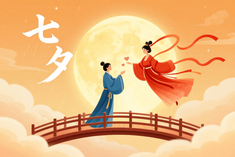 七夕节素材：七夕梦幻邂逅：暖调新国风双女插画