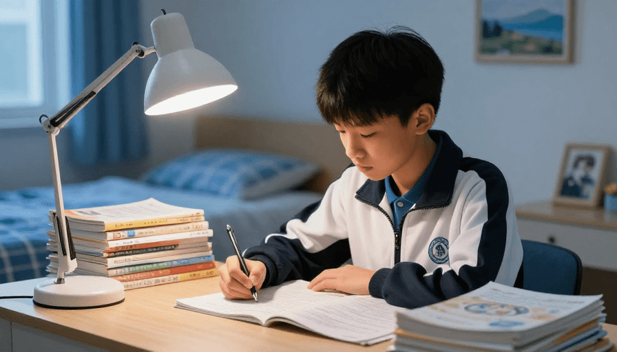 商业广告图素材：少年伏案苦读，暖光映衬奋斗光芒