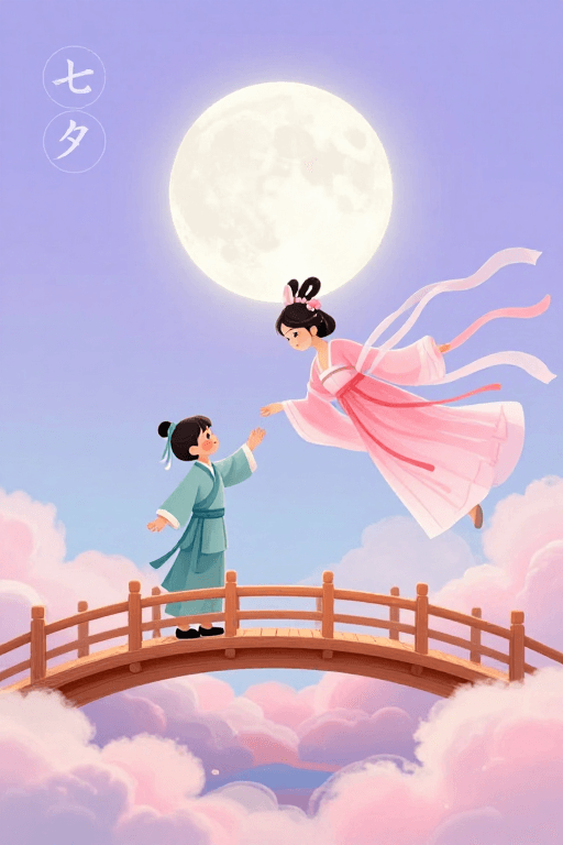 七夕主题素材：七夕梦幻中国风插画：月光与古桥的浪漫邂逅