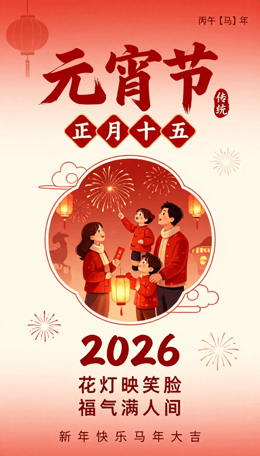 元宵节素材：暖红渐变元宵节艺术海报