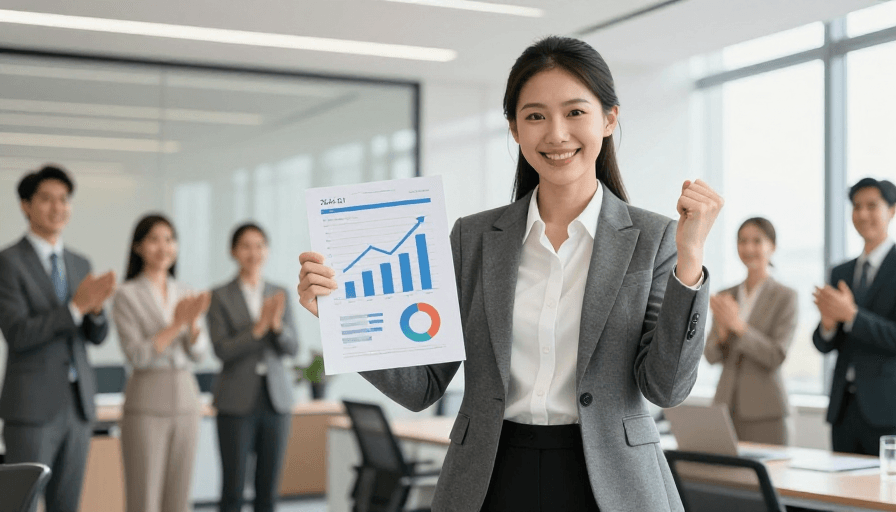 暖色调照明素材：现代职场女性庆贺Q1业绩攀升