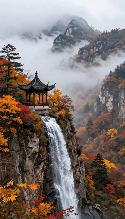 飞瀑倾泻素材：秋日仙境：云海飞瀑与古亭的绝美实景