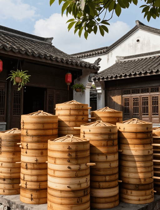 中式庭院素材：竹韵古院：非遗蒸笼的岁月静好