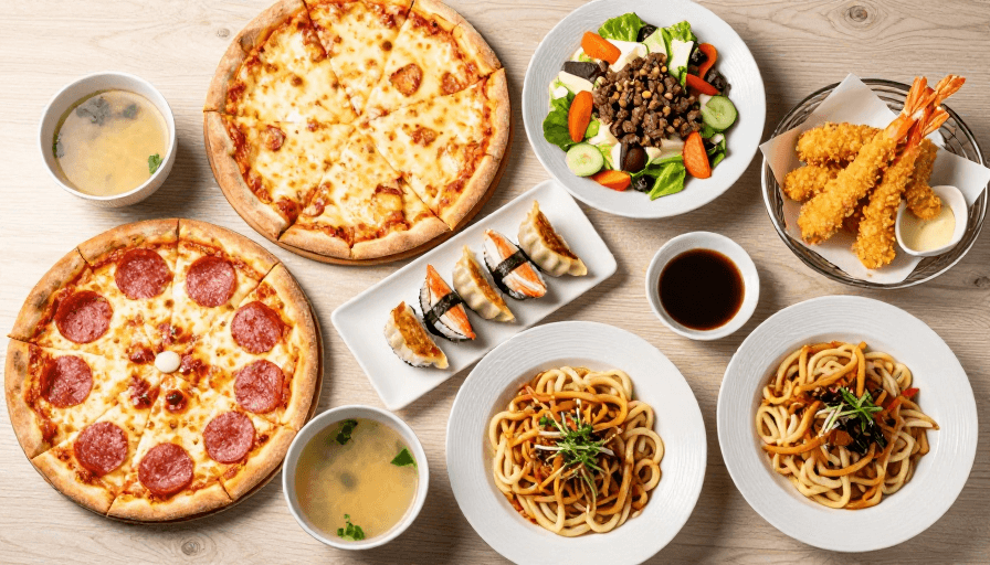 多国料理素材：多国美食盛宴：精致料理拼盘高清摄影