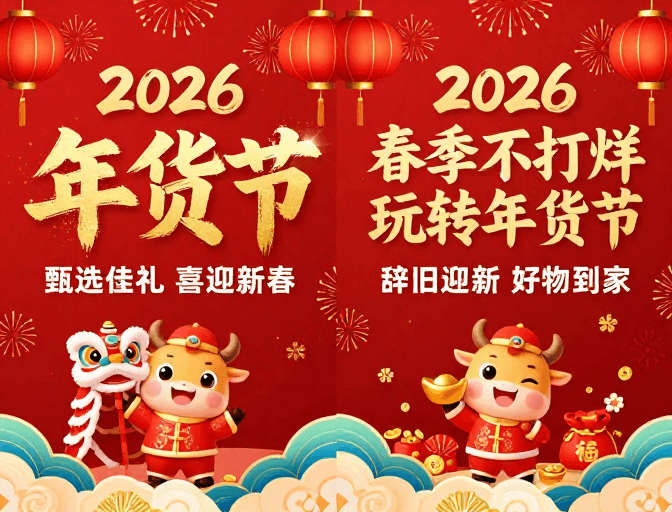 红金配色素材：2026年货节：红金配色卡通牛民俗风海报
