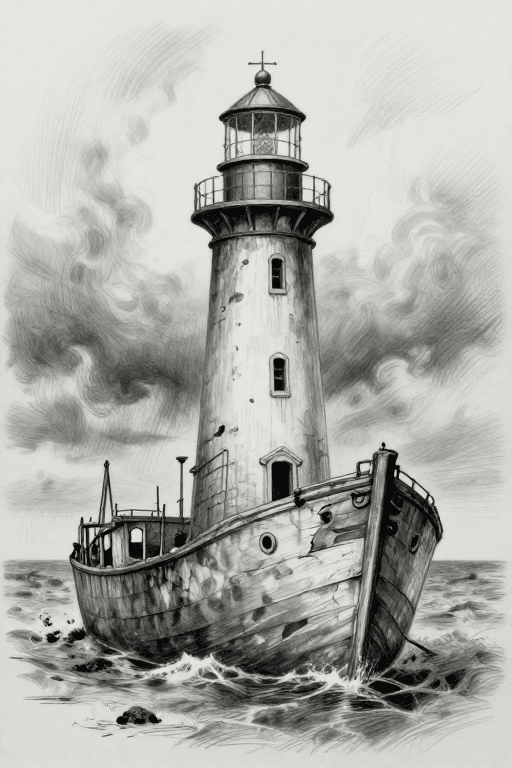 铅笔素描素材：暴风雨灯塔废墟：铅笔素描沉船场景
