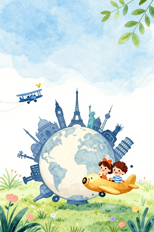 世界地标素材：水彩旅行世界：地球与地标插画