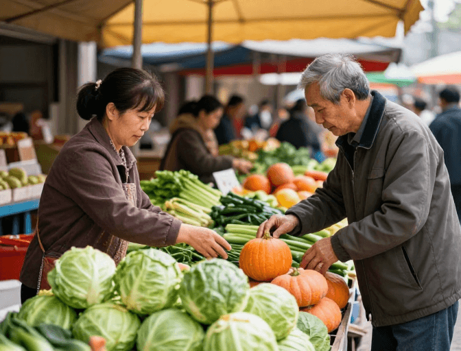 生活场景素材：暖调市集：菜摊主与顾客的丰收日常