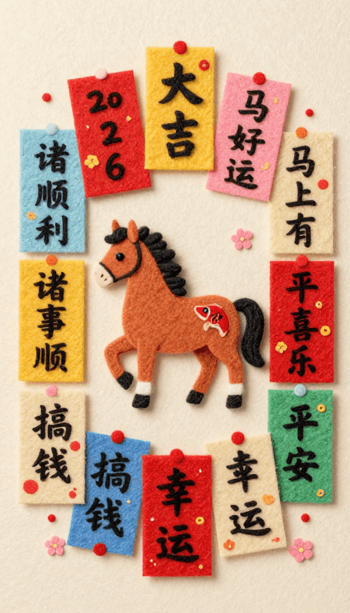 喜庆风格素材：2026新春吉祥福马团圆 喜庆毛毡插画