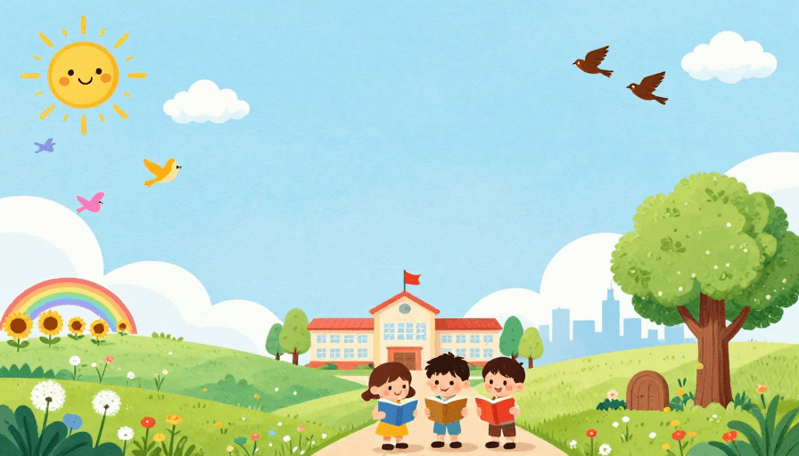 童趣氛围素材：童趣校园：明亮插画背景与阅读时光