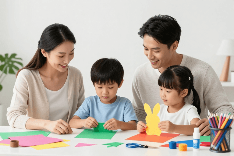 儿童教育素材：温馨家庭剪纸时光：亲子互动与创意手工的和谐画面