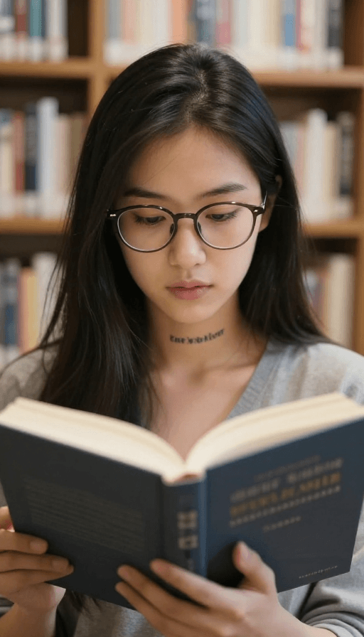图书馆场景素材：图书馆中的专注阅读者：柔和光影下的人像特写
