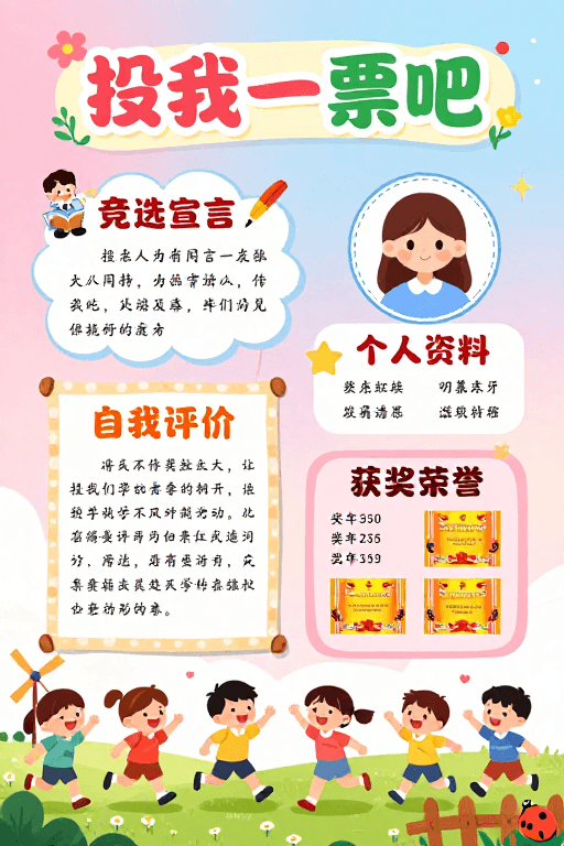 儿童竞选素材：童趣手绘儿童竞选海报：活力校园投我一票吧！