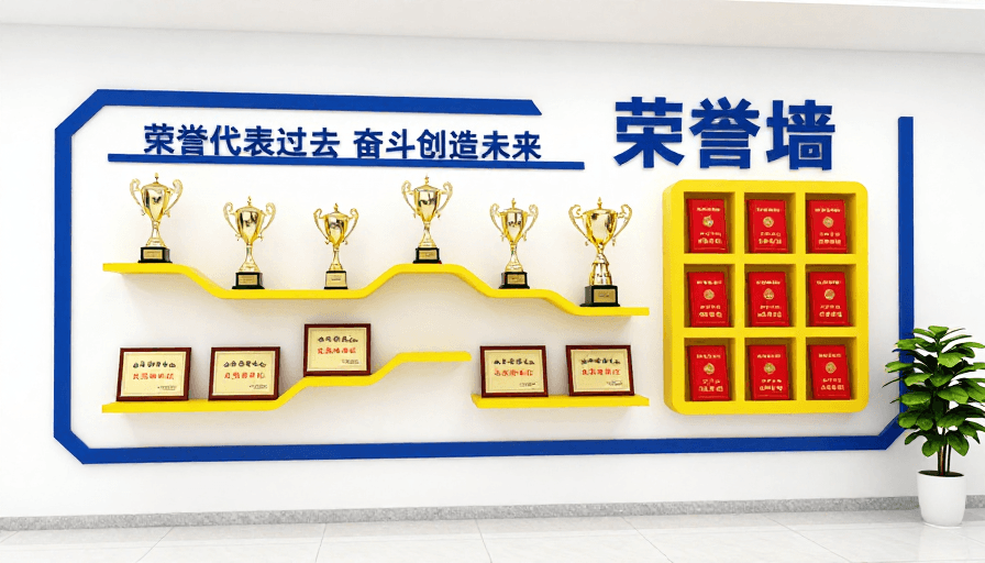 企业形象展示素材：现代企业荣誉墙设计：蓝黄白配色彰显专业风范