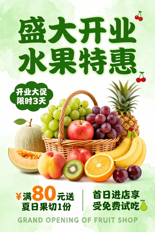 水彩风格素材：熊猫办公水果店开业特惠海报，清新水彩风
