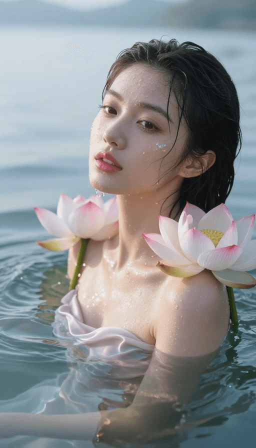 8K高清素材：晨光湖底：少女出水瞬间的唯美光影