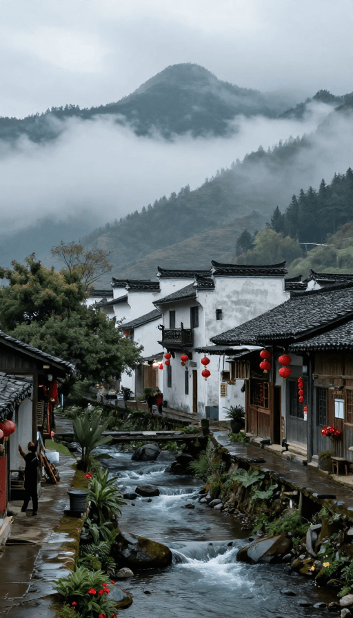 摄影纪实素材：古村溪畔云雾缭绕的诗意风景