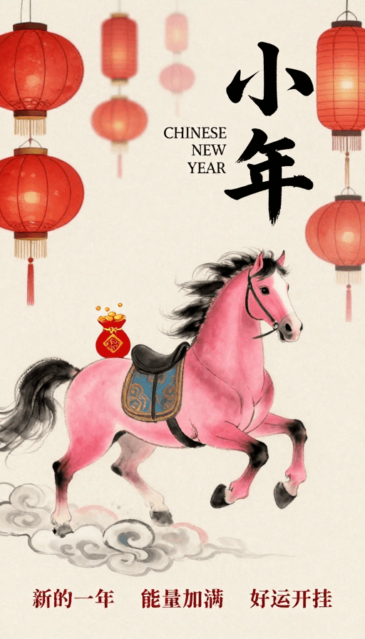 水墨插画素材：小年祈福·粉红骏龙腾云跃