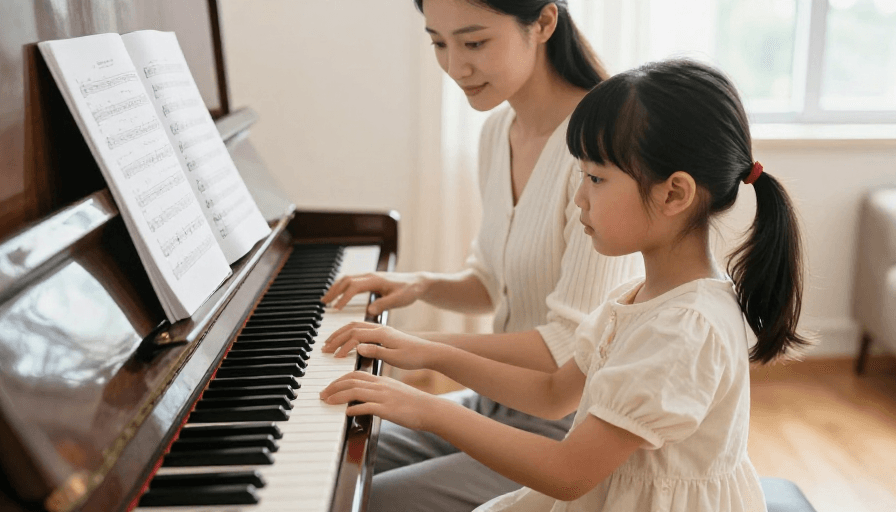 温馨瞬间素材：温馨亲子时光，钢琴伴乐的温暖瞬间