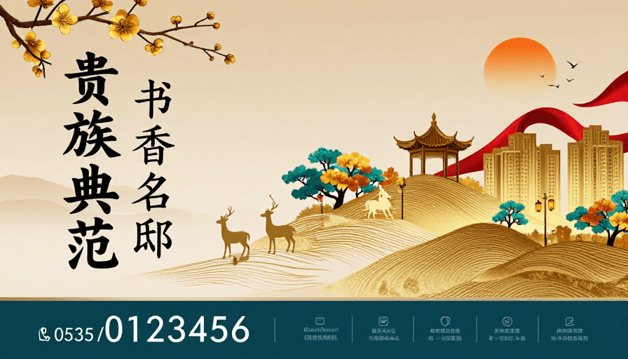 新中式风格素材：金棕青蓝新中式高端地产海报