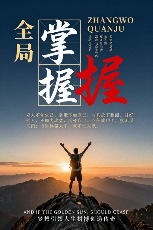 视觉张力素材：深蓝渐变中东方力量：自我掌控的励志海报