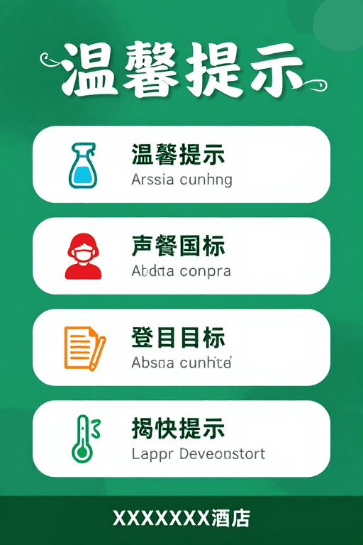 健康指南素材：清新专业酒店温馨提示海报，安全服务指引设计