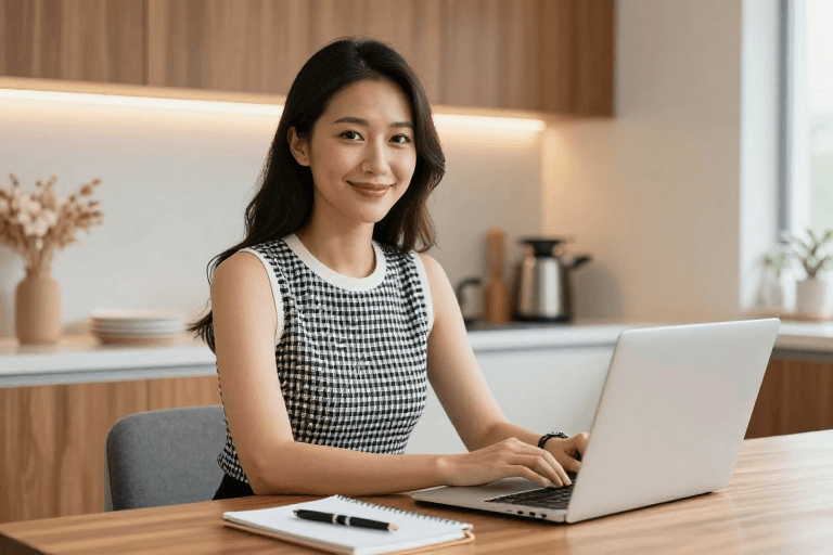 细节摄影素材：现代女性远程办公：温馨家居与高效工作的完美结合