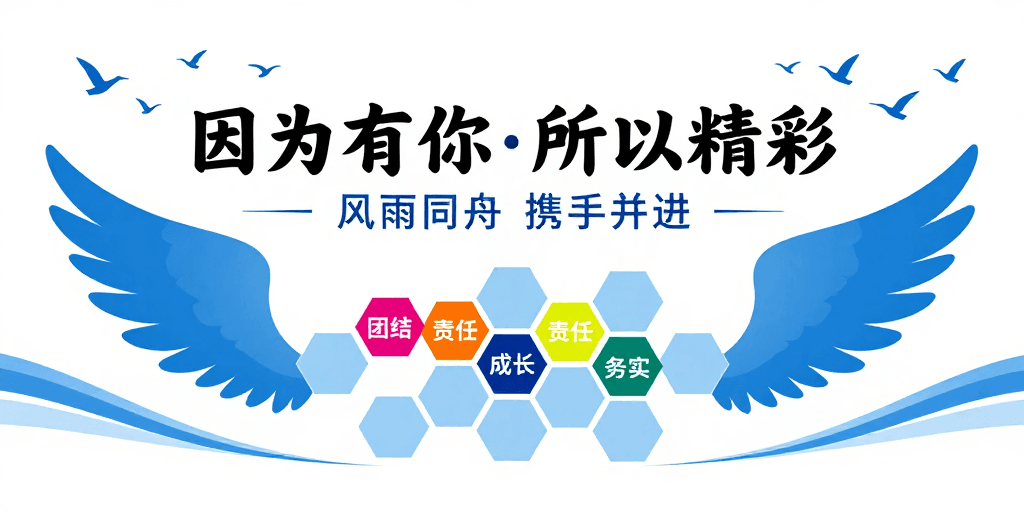 简约现代素材：团结奋进的企业文化墙设计：蓝色羽翼与蜂巢结构